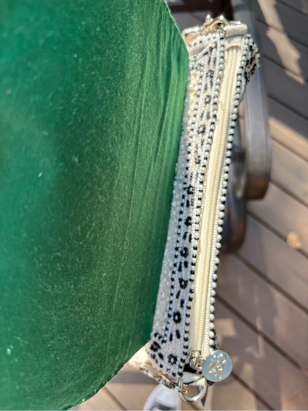 America and beyond Gorgeous Beaded White Shoulder Bag with Green black Accents